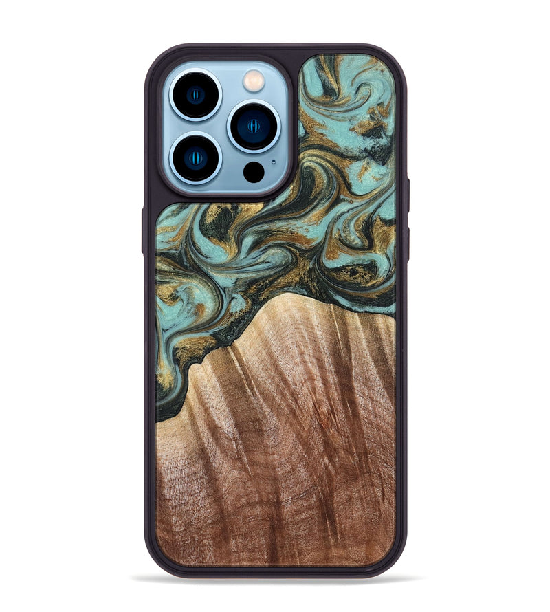 iPhone 14 Pro Max Wood Phone Case - Briley (Teal & Gold, 821187)