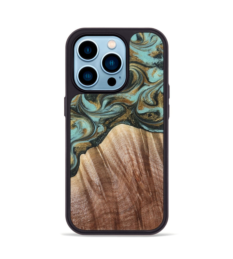 iPhone 14 Pro Wood Phone Case - Briley (Teal & Gold, 821187)