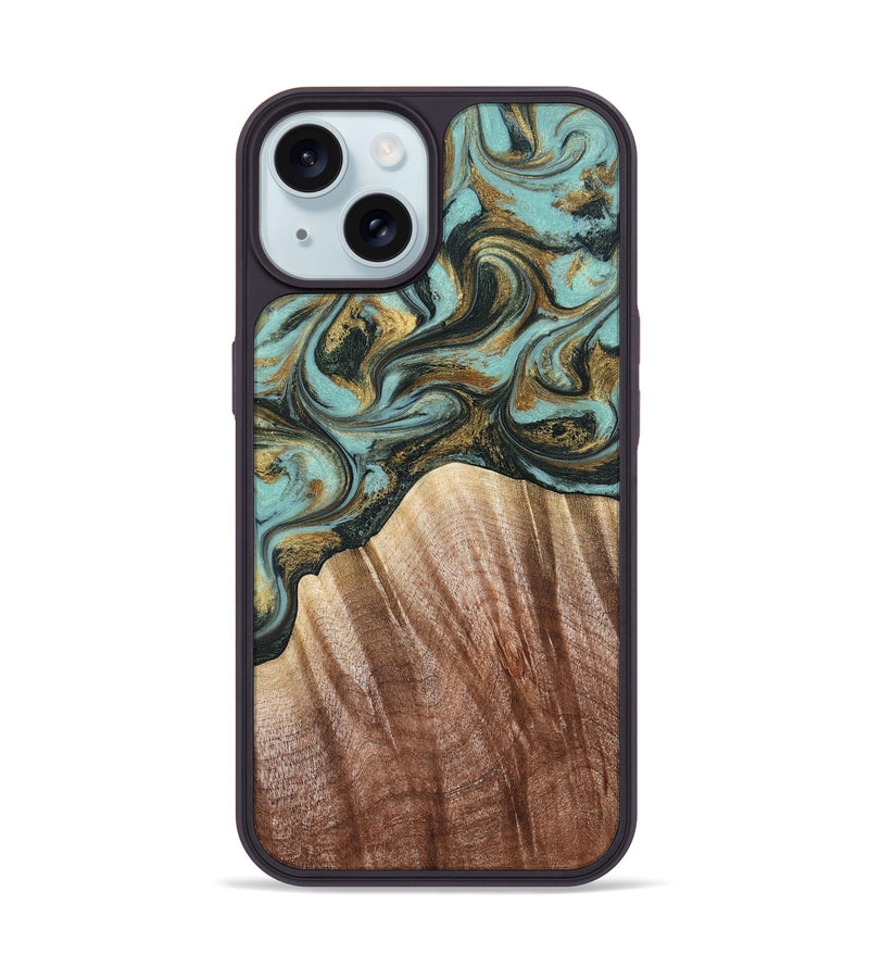 iPhone 15 Wood Phone Case - Briley (Teal & Gold, 821187)