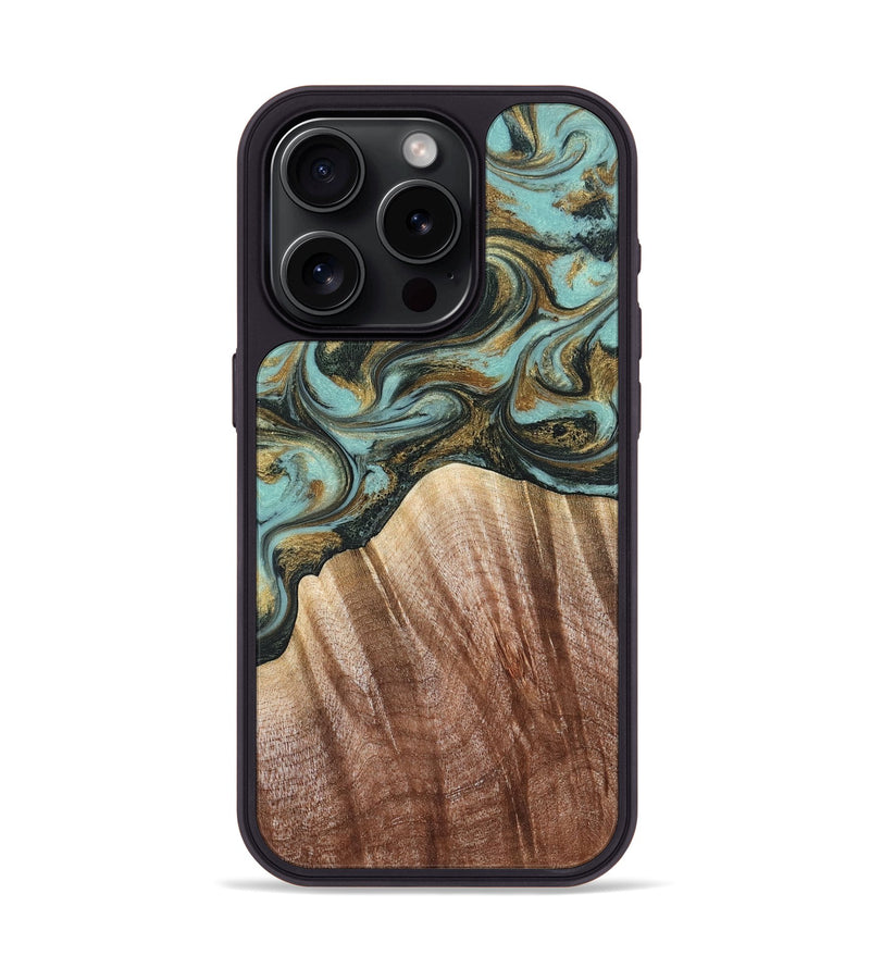 iPhone 15 Pro Wood Phone Case - Briley (Teal & Gold, 821187)