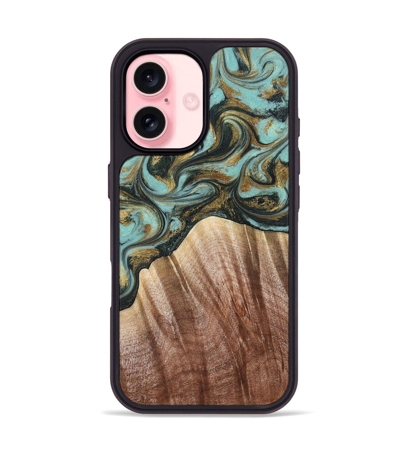 iPhone 16 Wood Phone Case - Briley (Teal & Gold, 821187)