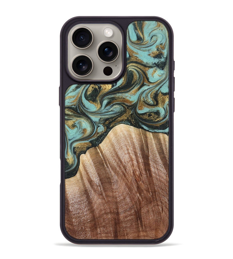 iPhone 16 Pro Max Wood Phone Case - Briley (Teal & Gold, 821187)