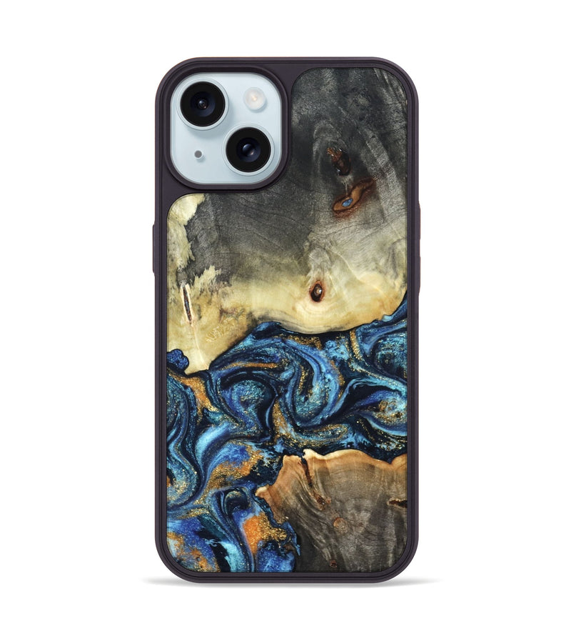 iPhone 15 Wood Phone Case - Esme (Teal & Gold, 821192)