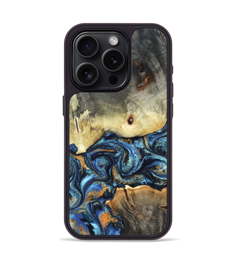 iPhone 15 Pro Wood Phone Case - Esme (Teal & Gold, 821192)