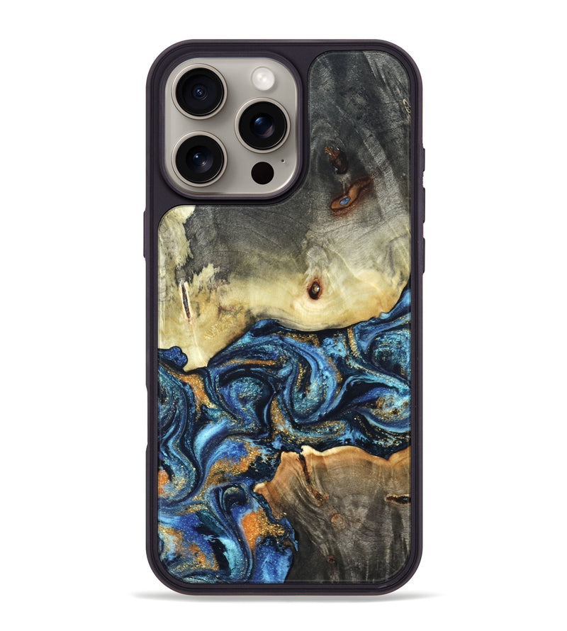iPhone 16 Pro Max Wood Phone Case - Esme (Teal & Gold, 821192)