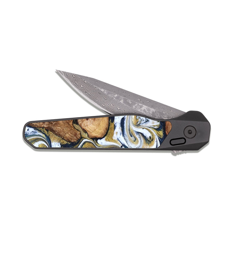EDC Dark Damascus Wood Pocket Knife - Talia (Teal & Gold, 821196)