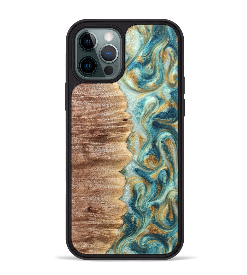 iPhone 12 Pro Max Wood Phone Case - Almeda (Teal & Gold, 821200)