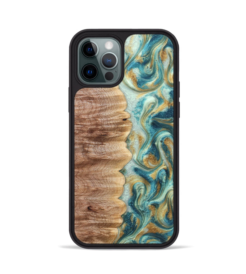 iPhone 12 Pro Wood Phone Case - Almeda (Teal & Gold, 821200)