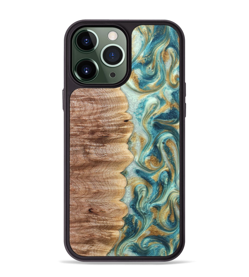 iPhone 13 Pro Max Wood Phone Case - Almeda (Teal & Gold, 821200)