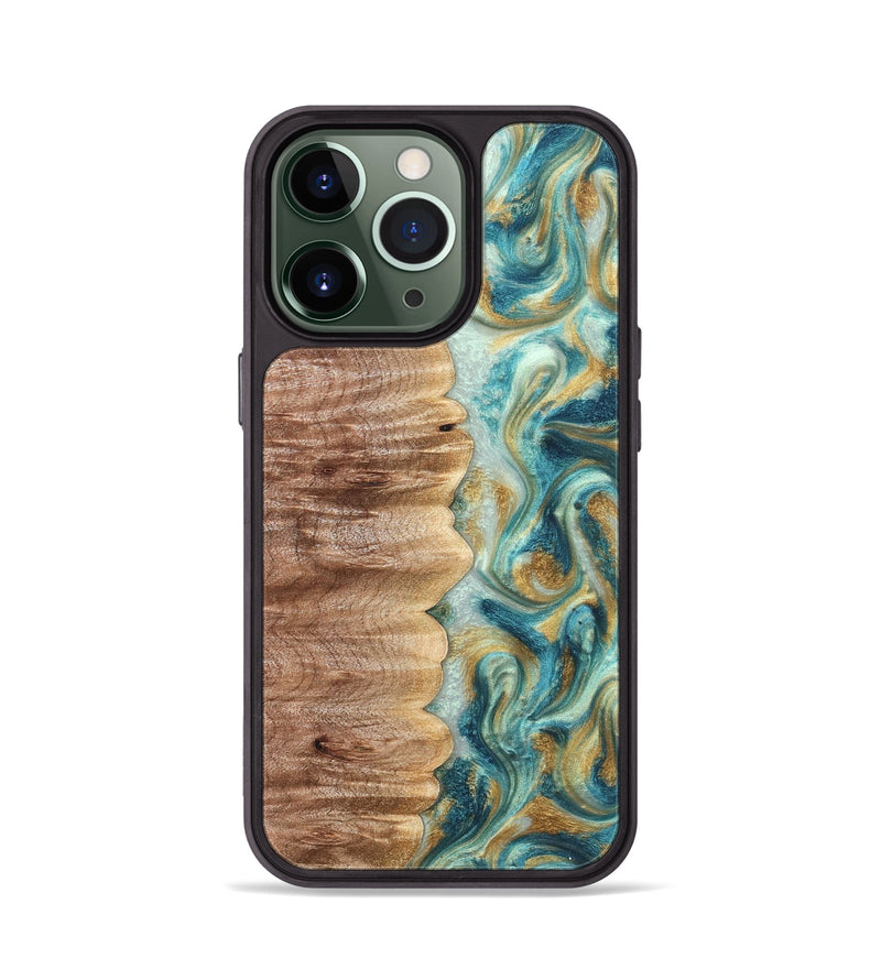 iPhone 13 Pro Wood Phone Case - Almeda (Teal & Gold, 821200)