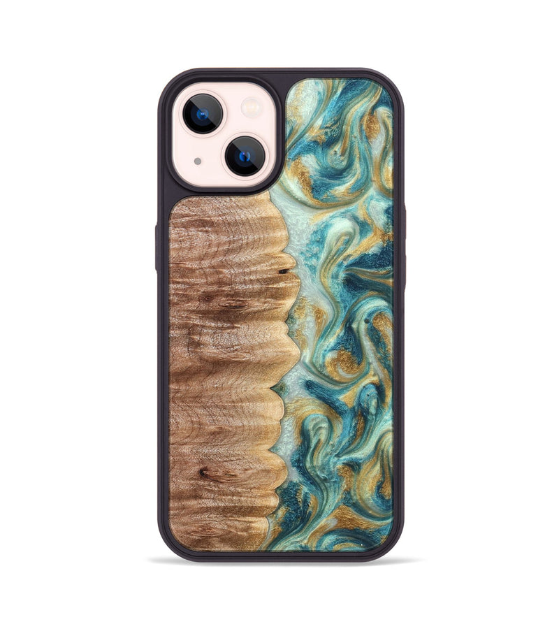 iPhone 14 Wood Phone Case - Almeda (Teal & Gold, 821200)