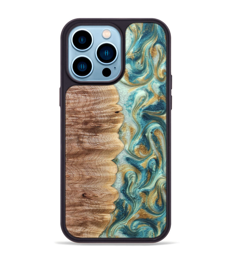 iPhone 14 Pro Max Wood Phone Case - Almeda (Teal & Gold, 821200)