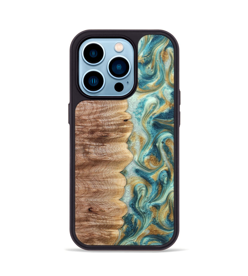 iPhone 14 Pro Wood Phone Case - Almeda (Teal & Gold, 821200)