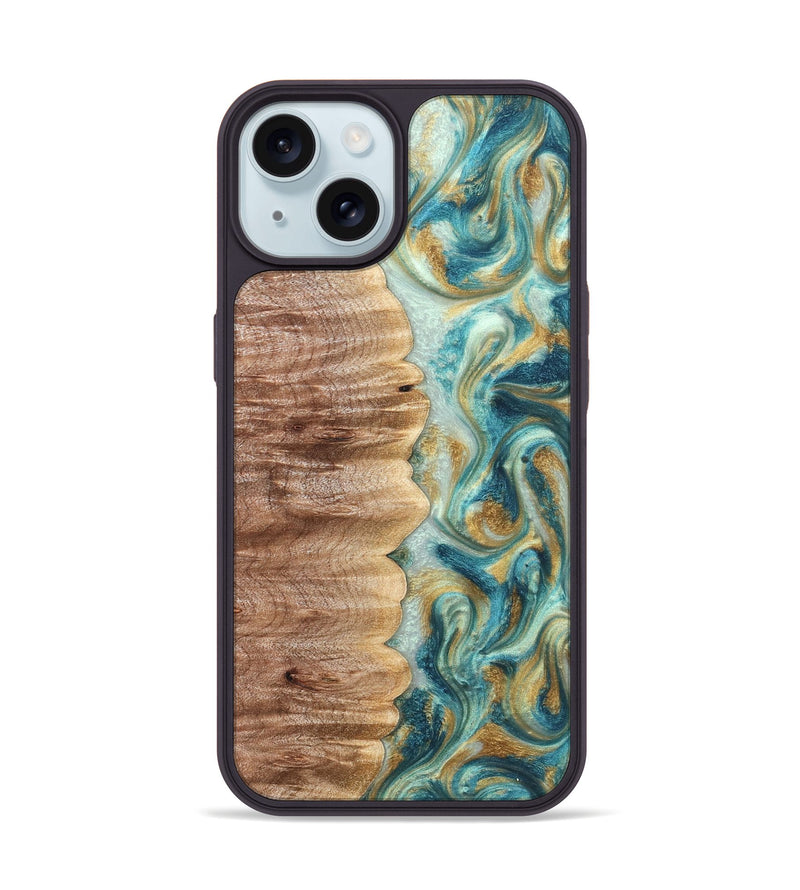 iPhone 15 Wood Phone Case - Almeda (Teal & Gold, 821200)