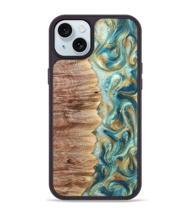 iPhone 15 Plus Wood Phone Case - Almeda (Teal & Gold, 821200)