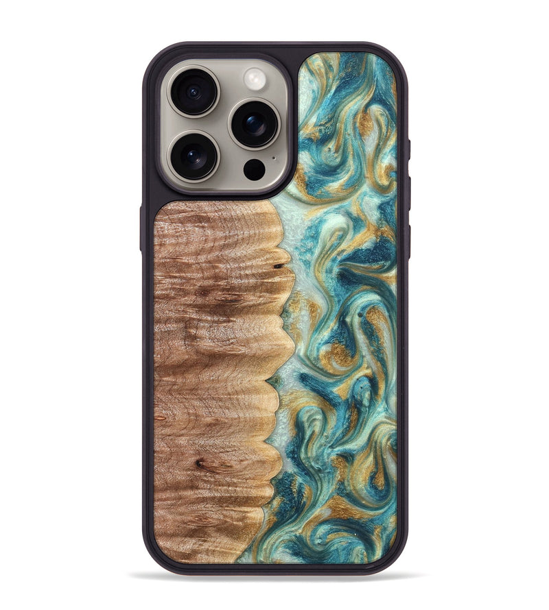 iPhone 15 Pro Max Wood Phone Case - Almeda (Teal & Gold, 821200)