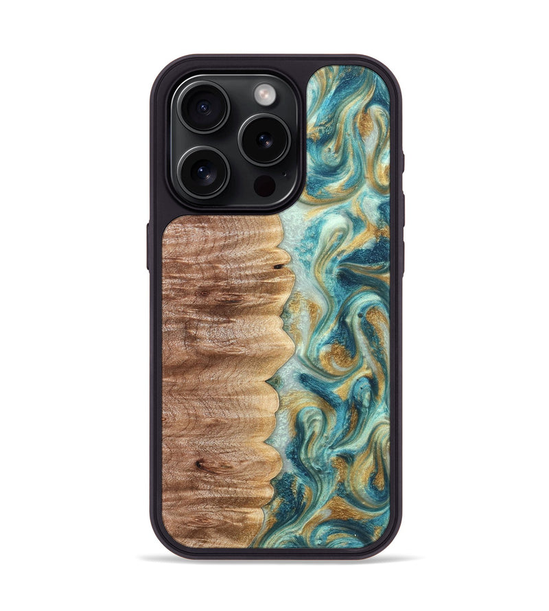 iPhone 15 Pro Wood Phone Case - Almeda (Teal & Gold, 821200)