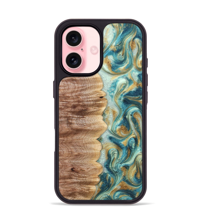 iPhone 16 Wood Phone Case - Almeda (Teal & Gold, 821200)