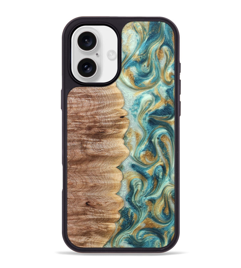 iPhone 16 Plus Wood Phone Case - Almeda (Teal & Gold, 821200)