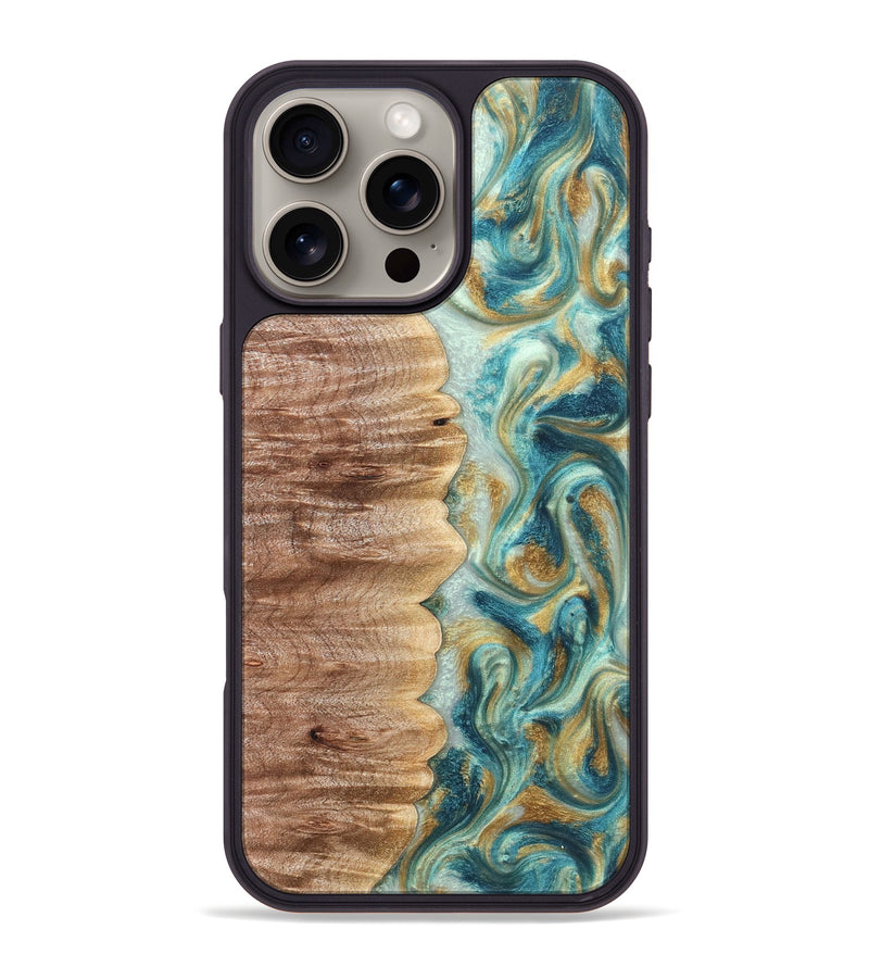iPhone 16 Pro Max Wood Phone Case - Almeda (Teal & Gold, 821200)