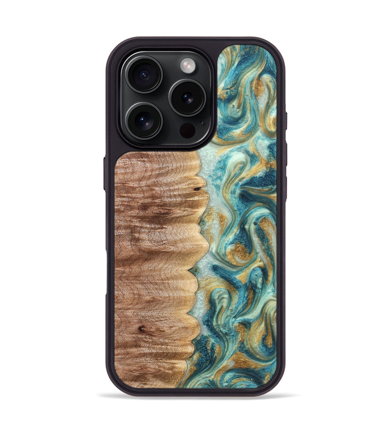 iPhone 16 Pro Wood Phone Case - Almeda (Teal & Gold, 821200)