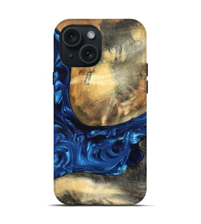 iPhone 15 Wood Live Edge Phone Case - Mame (Blue, 821338)