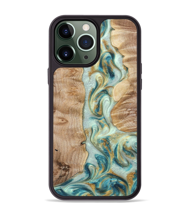 iPhone 13 Pro Max Wood Phone Case - Roxann (Teal & Gold, 821340)