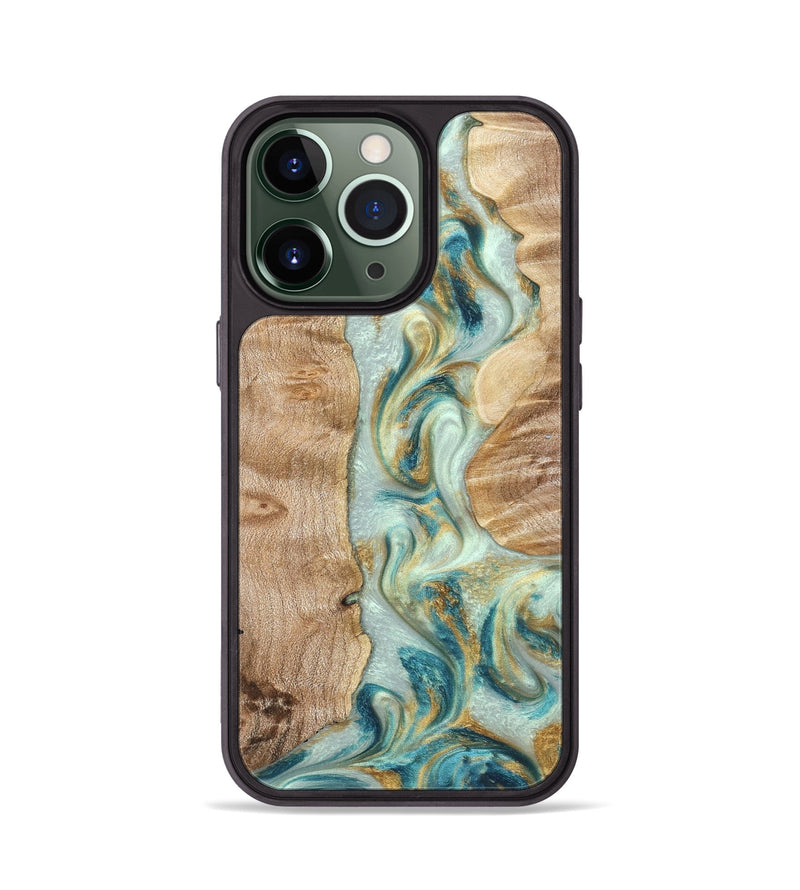 iPhone 13 Pro Wood Phone Case - Roxann (Teal & Gold, 821340)