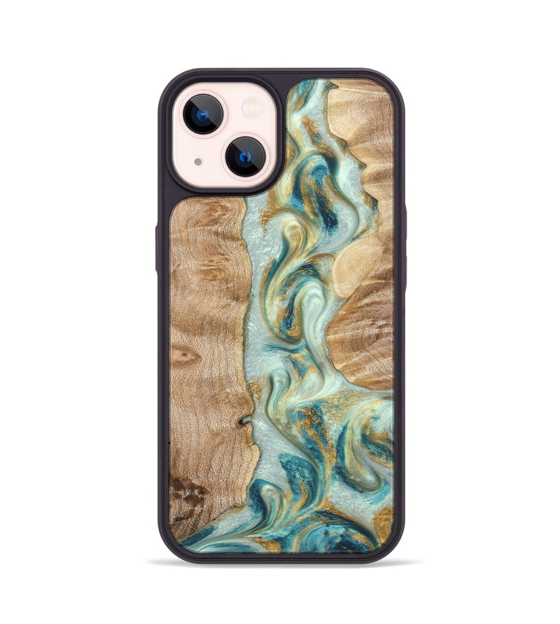 iPhone 14 Wood Phone Case - Roxann (Teal & Gold, 821340)