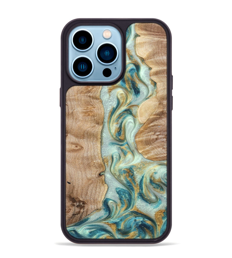 iPhone 14 Pro Max Wood Phone Case - Roxann (Teal & Gold, 821340)
