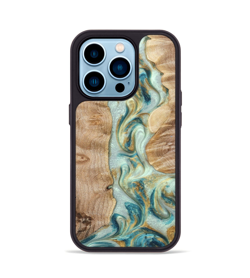 iPhone 14 Pro Wood Phone Case - Roxann (Teal & Gold, 821340)