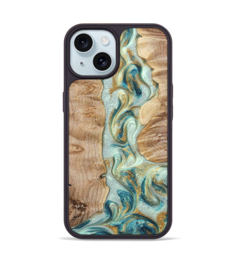 iPhone 15 Wood Phone Case - Roxann (Teal & Gold, 821340)