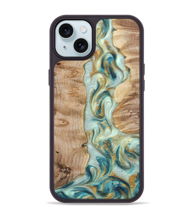 iPhone 15 Plus Wood Phone Case - Roxann (Teal & Gold, 821340)
