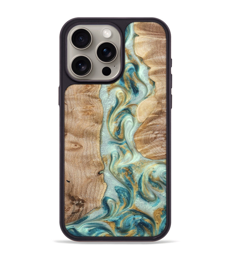 iPhone 15 Pro Max Wood Phone Case - Roxann (Teal & Gold, 821340)