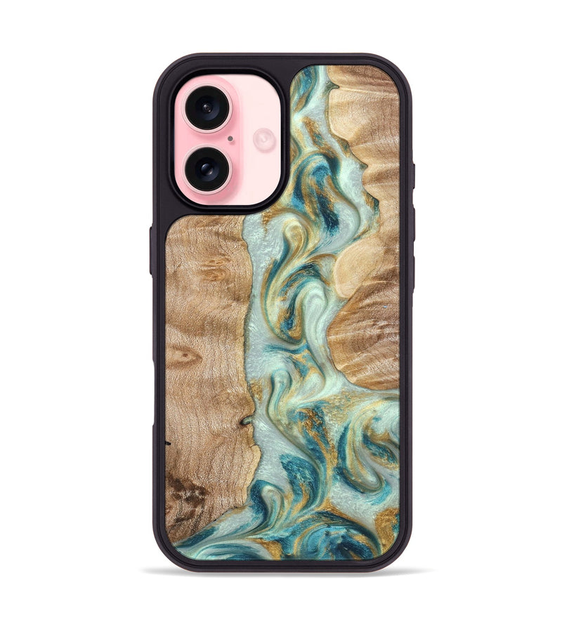 iPhone 16 Wood Phone Case - Roxann (Teal & Gold, 821340)