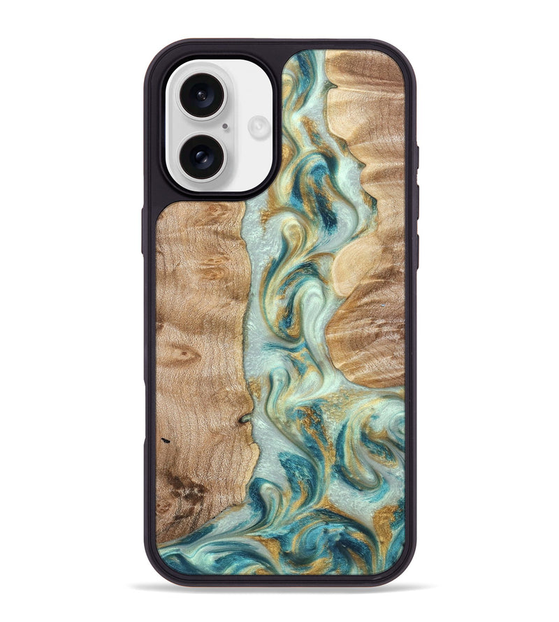 iPhone 16 Plus Wood Phone Case - Roxann (Teal & Gold, 821340)