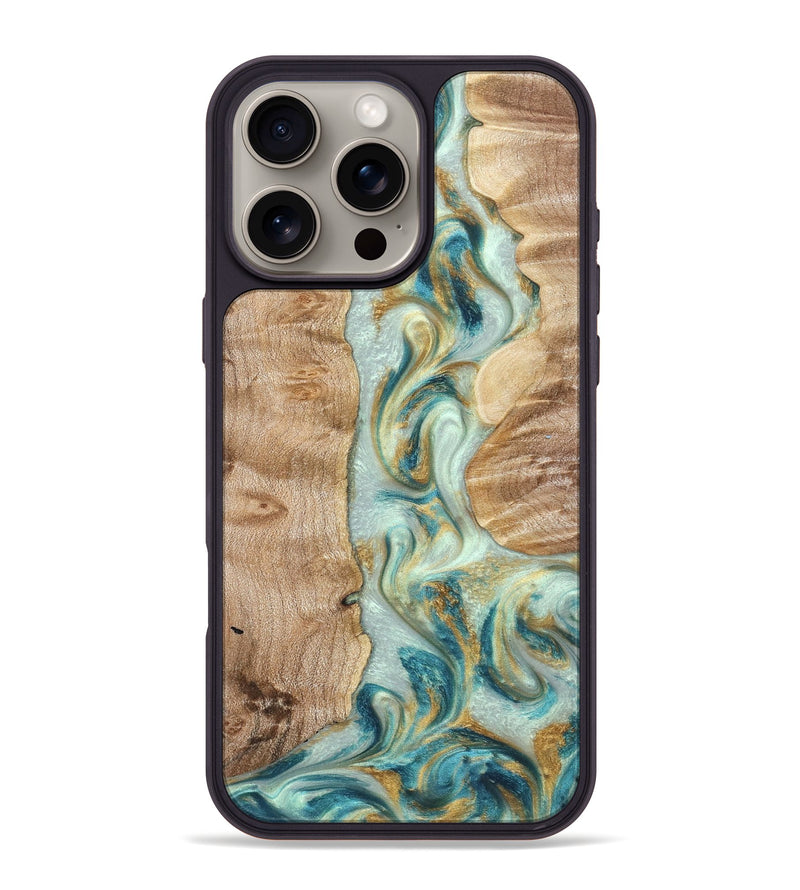 iPhone 16 Pro Max Wood Phone Case - Roxann (Teal & Gold, 821340)