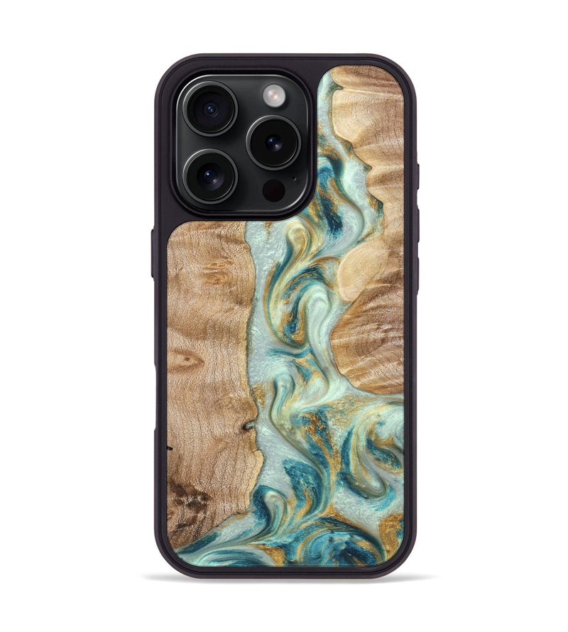 iPhone 16 Pro Wood Phone Case - Roxann (Teal & Gold, 821340)