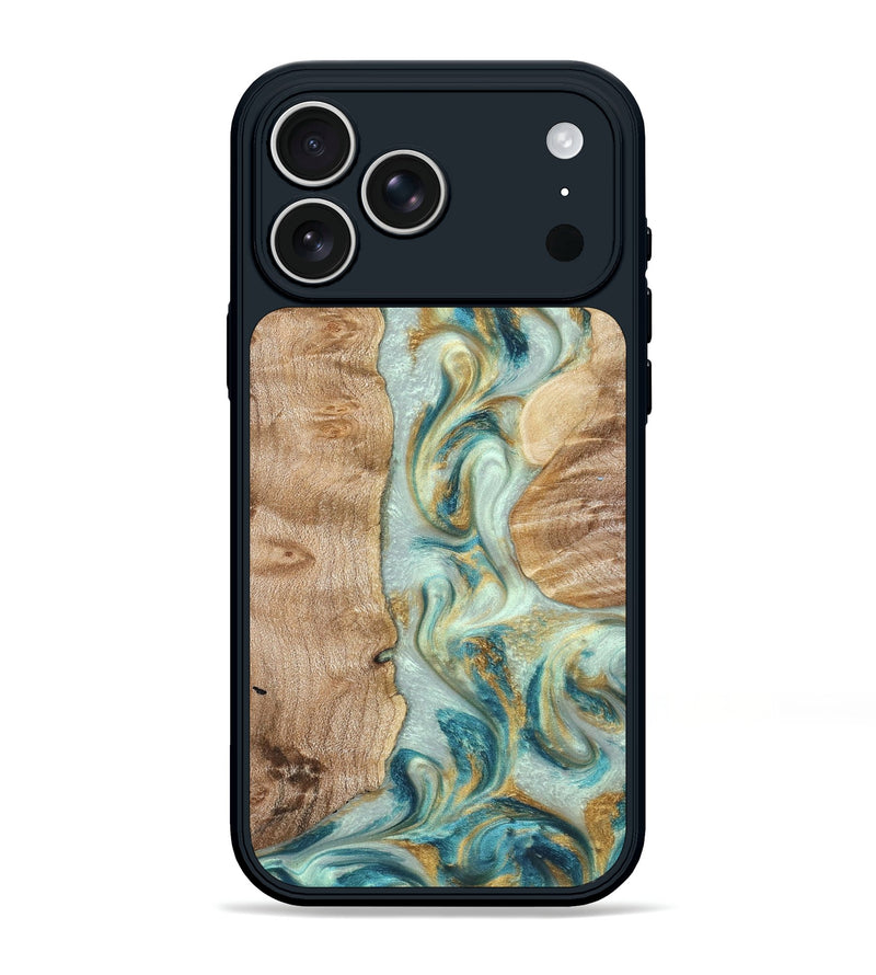 iPhone 17 Pro Max Wood Phone Case - Roxann (Teal & Gold, 821340)