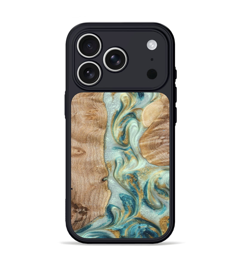 iPhone 17 Pro Wood Phone Case - Roxann (Teal & Gold, 821340)