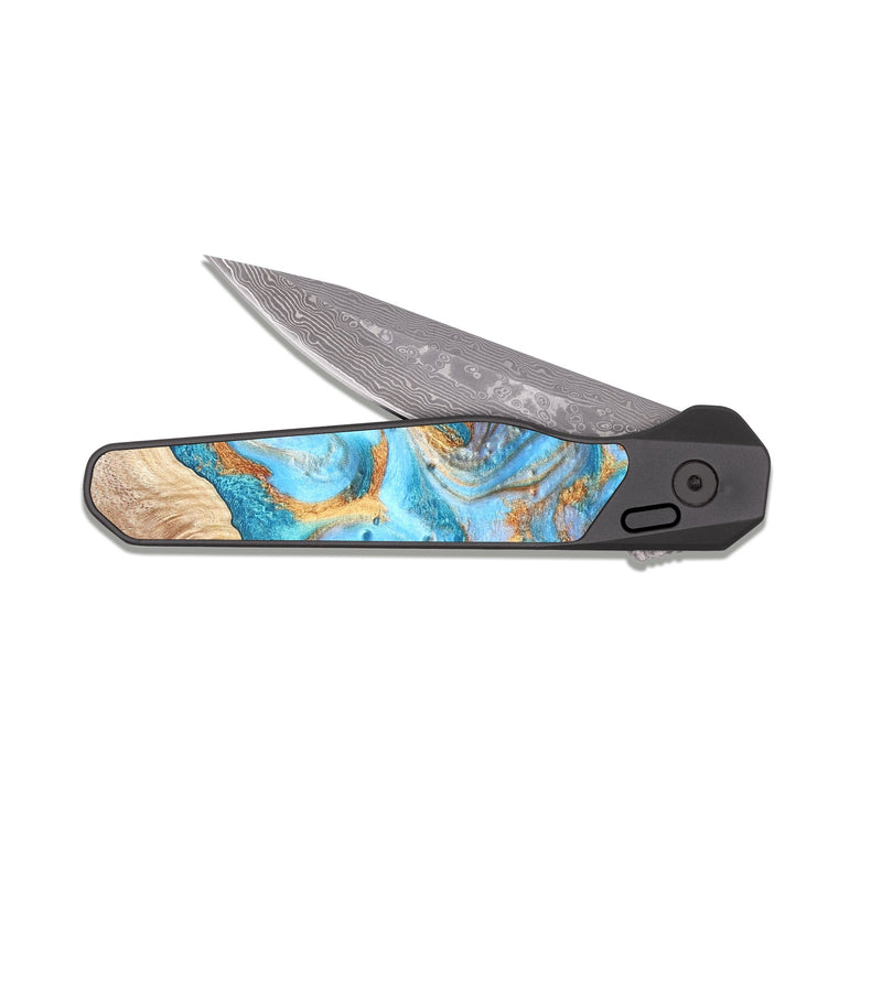 EDC Dark Damascus Wood Pocket Knife - Marlin (Teal & Gold, 821341)