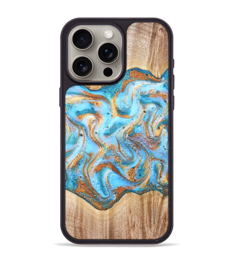iPhone 15 Pro Max Wood Phone Case - Marlin (Teal & Gold, 821341)