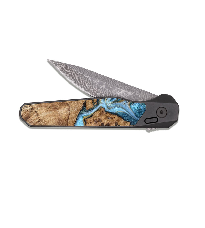 EDC Dark Damascus Wood Pocket Knife - Debi (Teal & Gold, 821699)