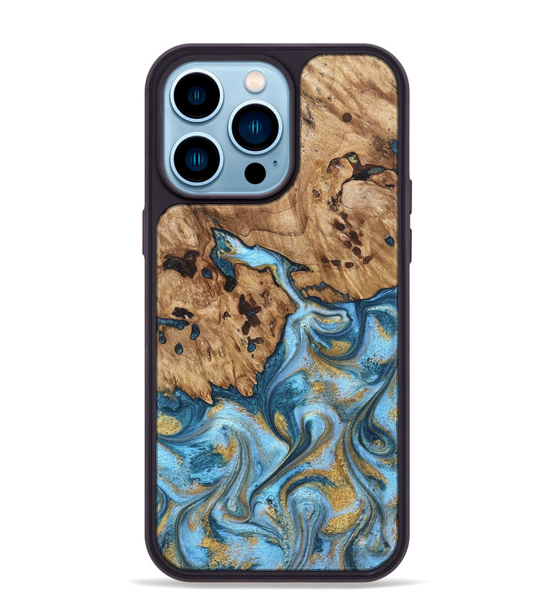 iPhone 14 Pro Max Wood Phone Case - Debi (Teal & Gold, 821699)