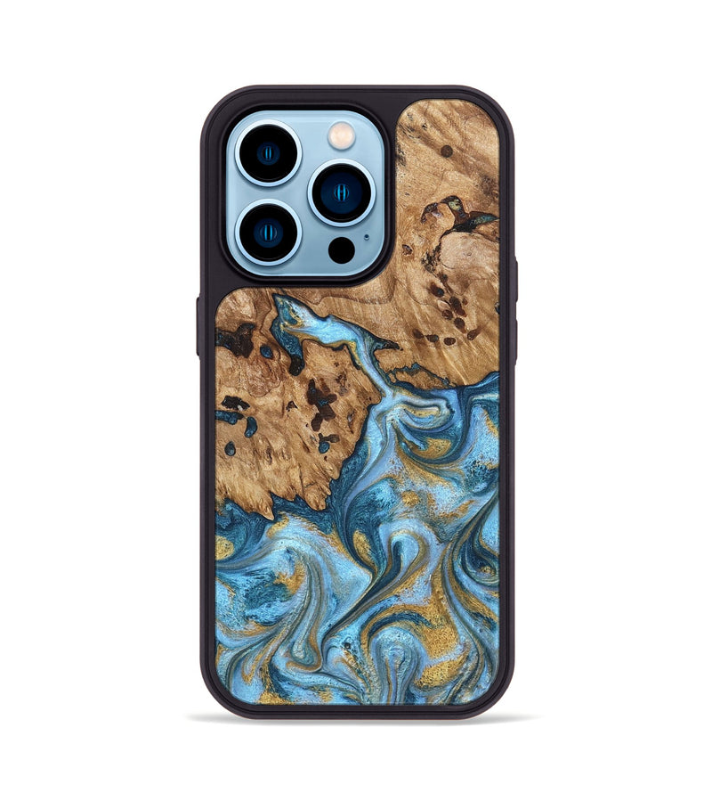 iPhone 14 Pro Wood Phone Case - Debi (Teal & Gold, 821699)