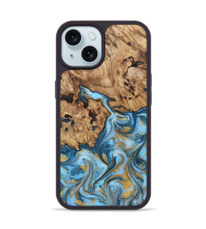 iPhone 15 Wood Phone Case - Debi (Teal & Gold, 821699)