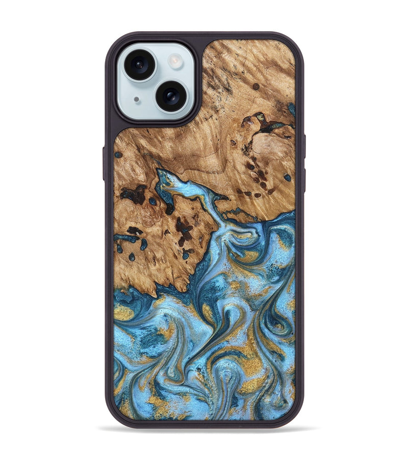 iPhone 15 Plus Wood Phone Case - Debi (Teal & Gold, 821699)