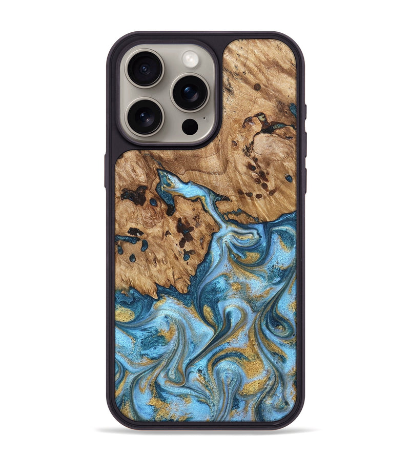iPhone 15 Pro Max Wood Phone Case - Debi (Teal & Gold, 821699)