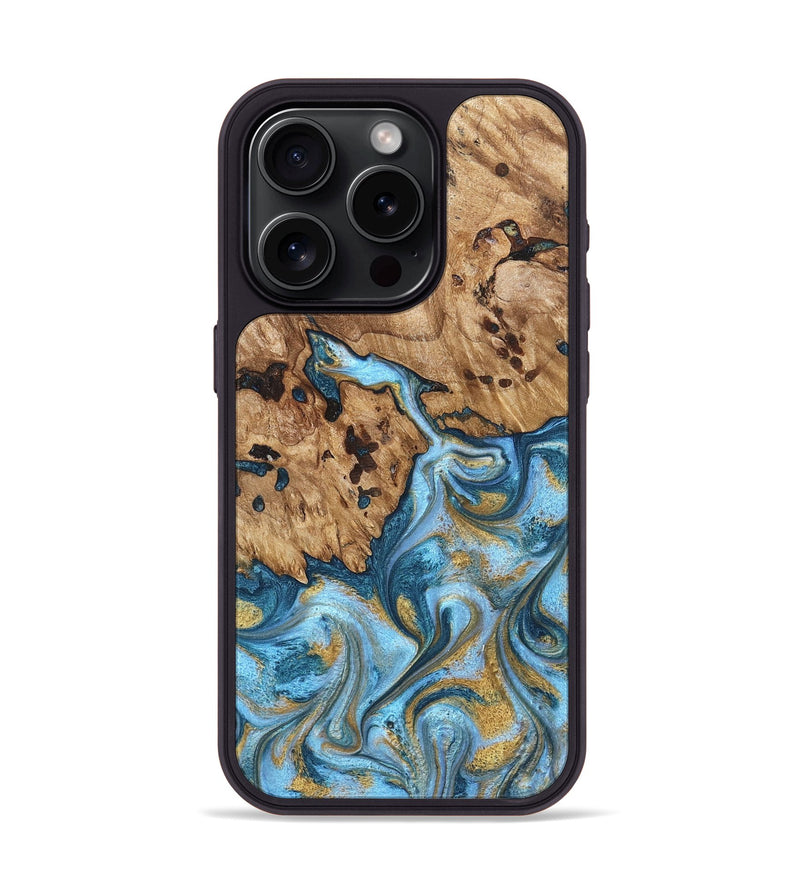 iPhone 15 Pro Wood Phone Case - Debi (Teal & Gold, 821699)