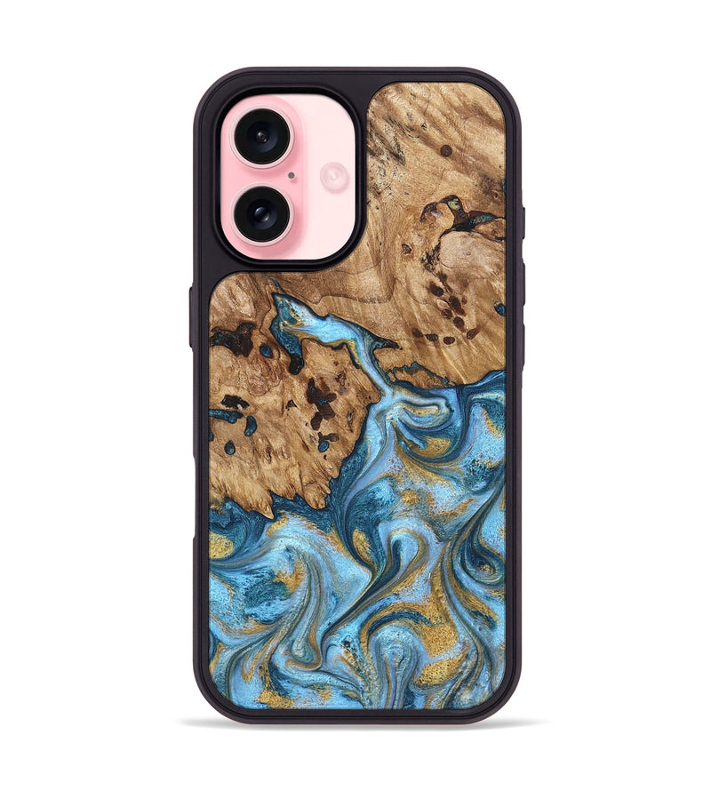 iPhone 16 Wood Phone Case - Debi (Teal & Gold, 821699)